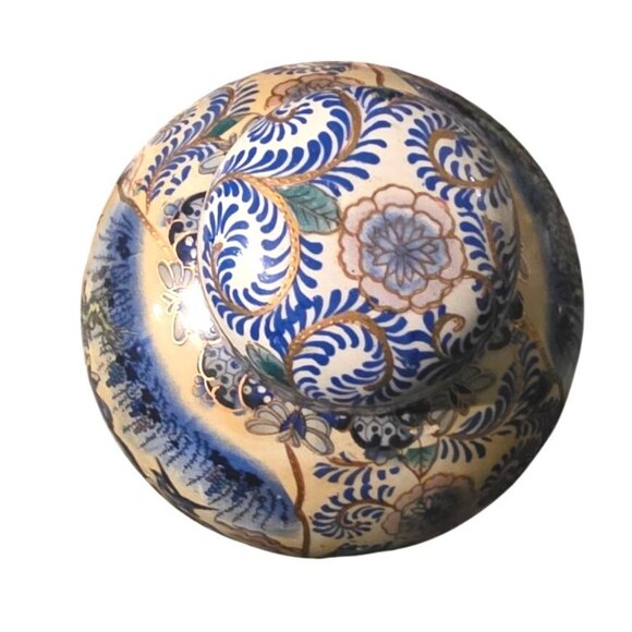 Vintage Ginger Jar Blue & White Porcelain Lid Hand-Painted Birds & Floral Motif - Picture 7 of 11